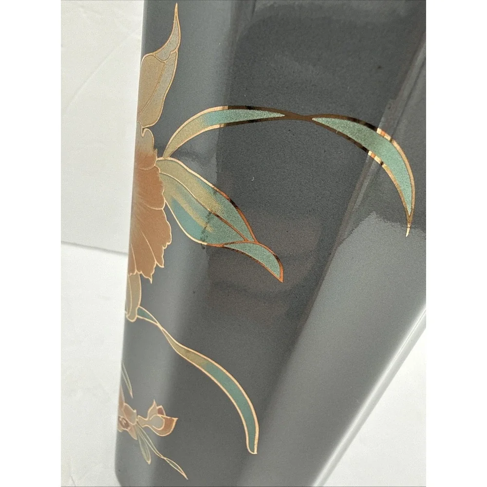 Vintage Japan Gray Floral Vase Gold Trim Kutani Style Hexagon Base 9